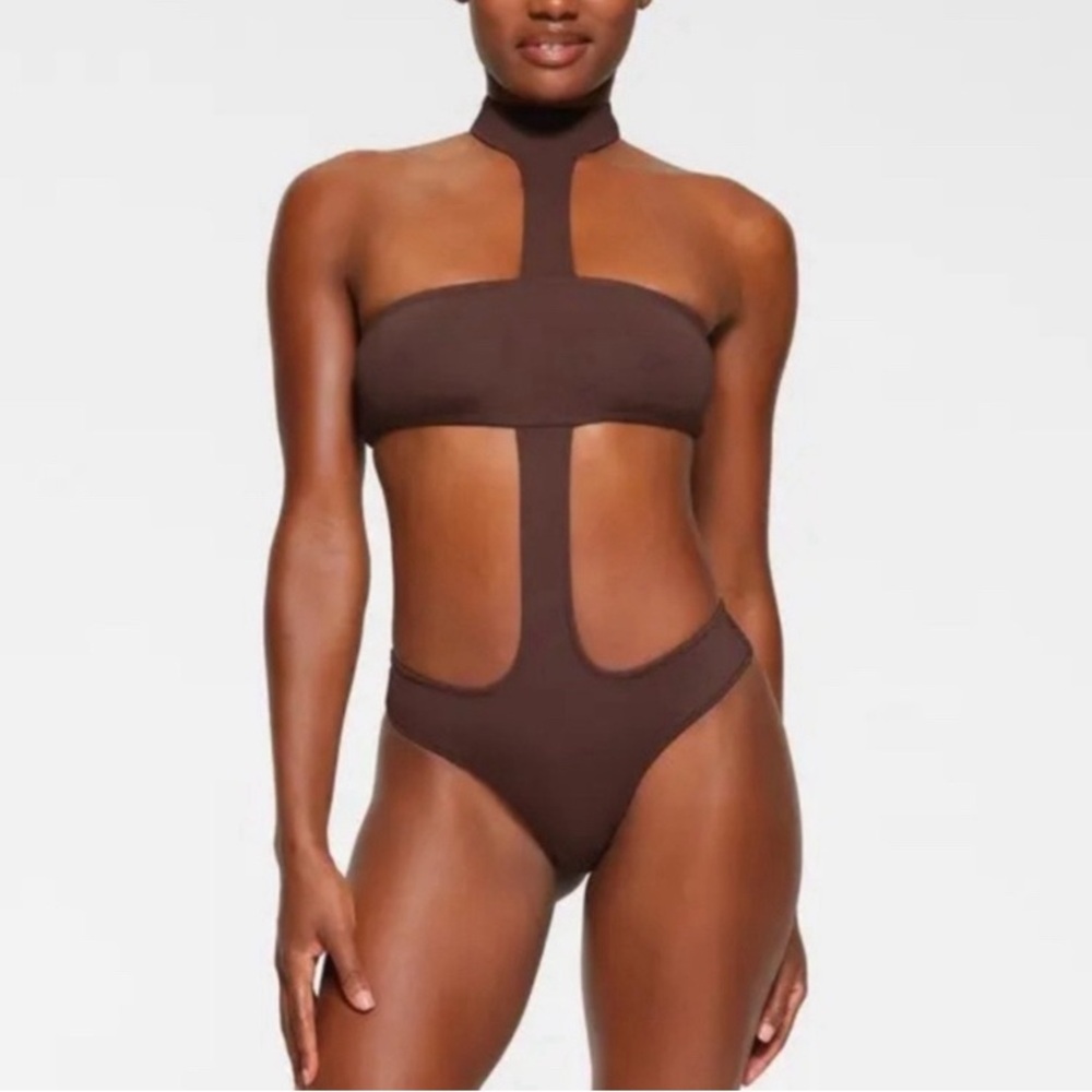 SKIMS Recycled Swim Cut Out Halter Monokini One Piece Cocoa XXS & XL Brown